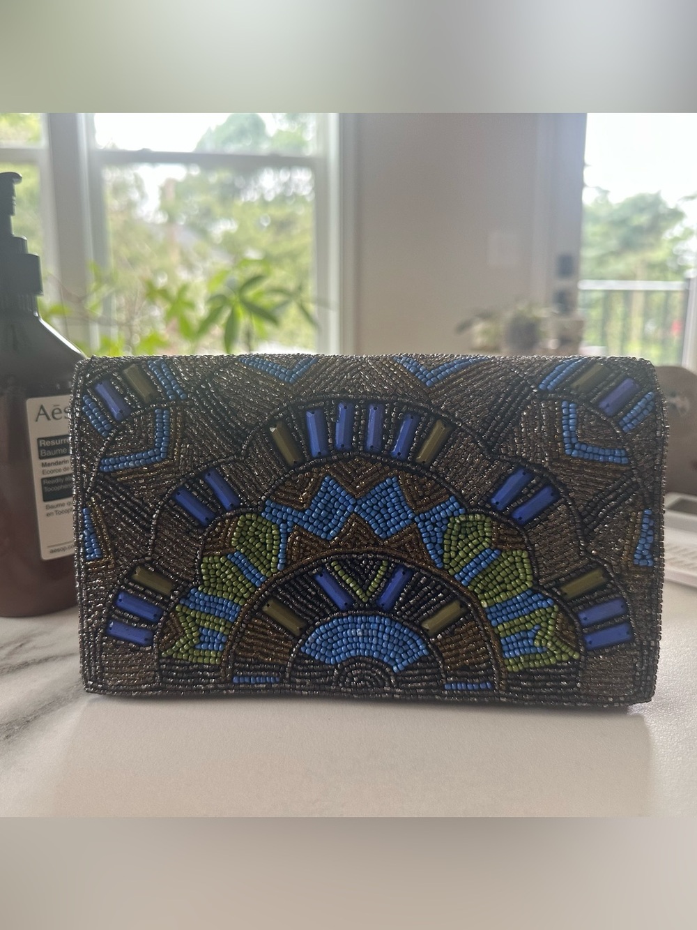 Alice and Olivia Beaded Envelope Clutch in Blue and Green